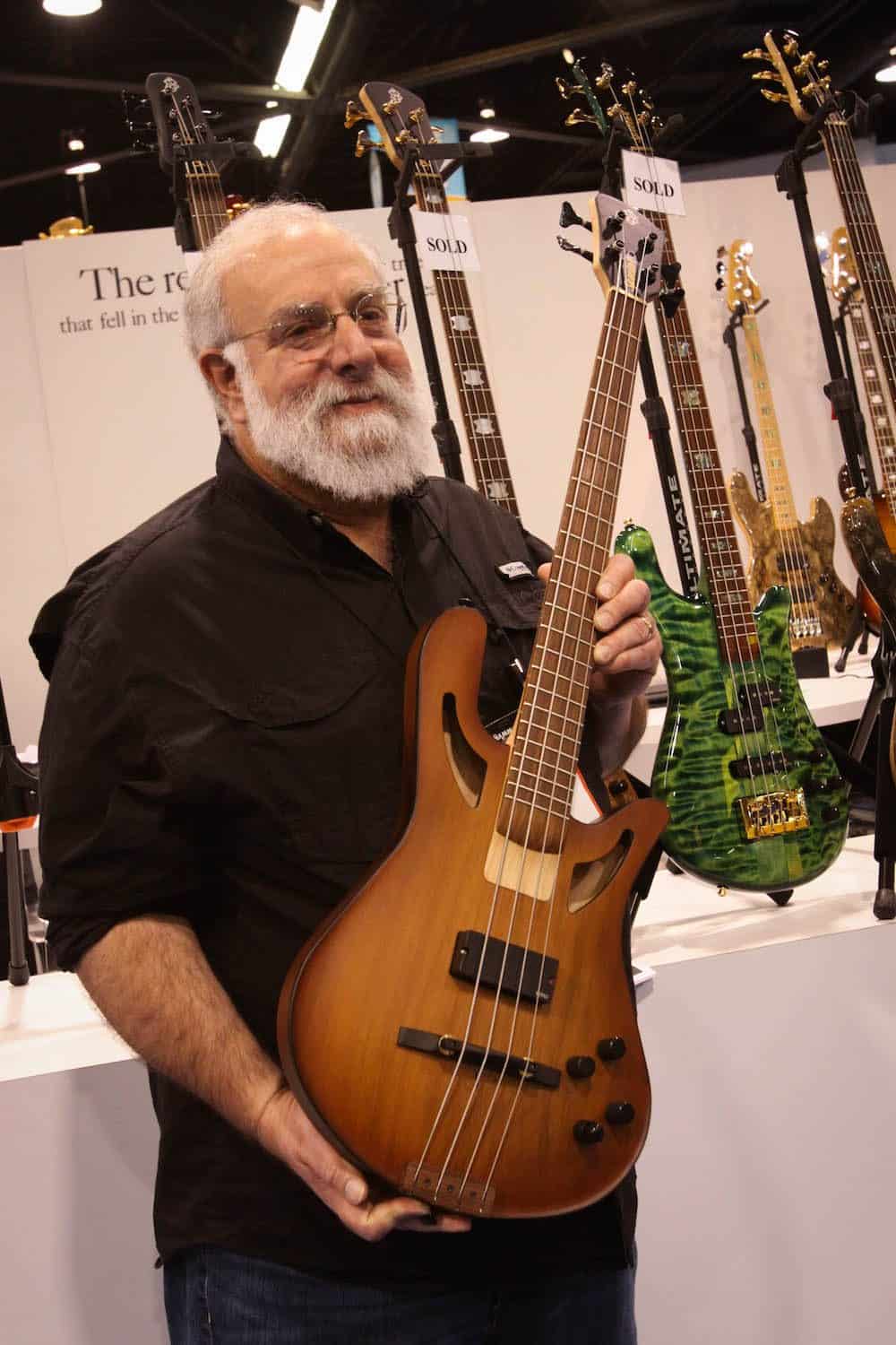 Stuart with the new NS-2 CT-B Carved Top hollow body bass at NAMM Jan 2015