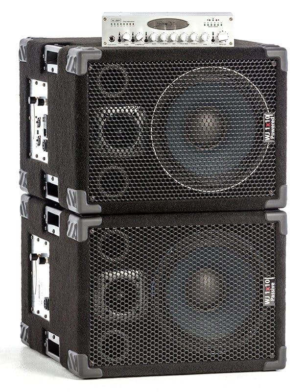 1x10 pair stacked with pre amp 1000 Watt 1x10 Stereo/Mono Bass Cabinets The WJ 1x10 Are 500 Watt a side, 4 ohm cabinets that can be used in stereo or parallel mono. They have the same driver & tweeter as the 2x10 except they are 4 ohm drivers. sales@waynejonesaudio.com